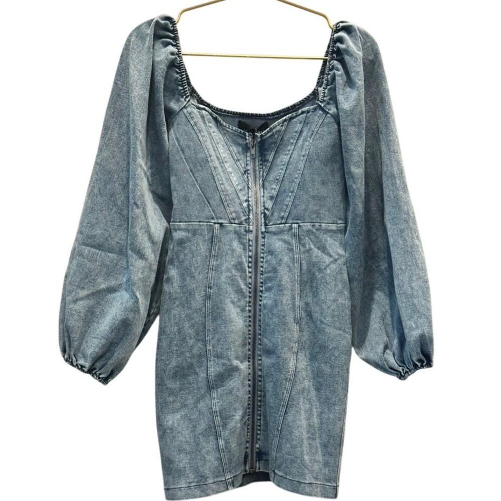 Angel Biba – Denim Puff Sleeve Zip Dress – Light Wash – Size Small